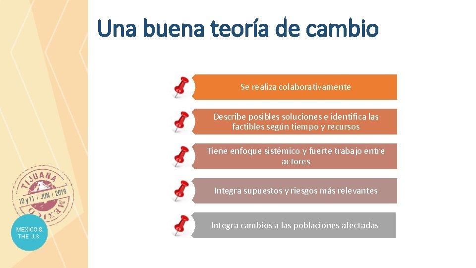 Una buena teoría de cambio Se realiza colaborativamente Describe posibles soluciones e identifica las