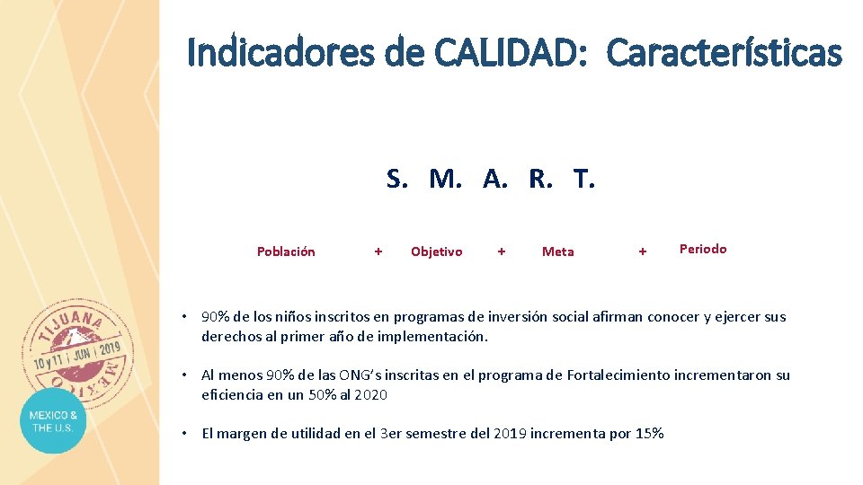 Indicadores de CALIDAD: Características S. M. A. R. T. Población + Objetivo + Meta