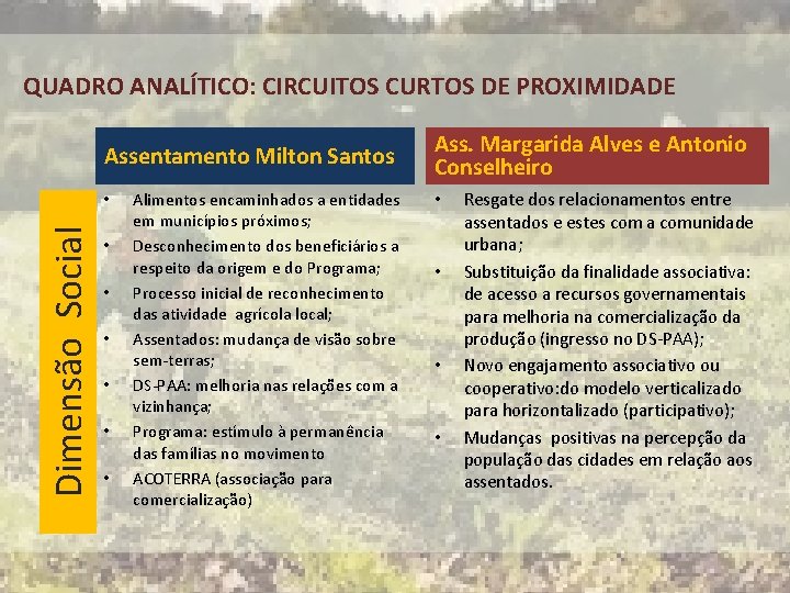 QUADRO ANALÍTICO: CIRCUITOS CURTOS DE PROXIMIDADE Assentamento Milton Santos Dimensão Social • • Alimentos