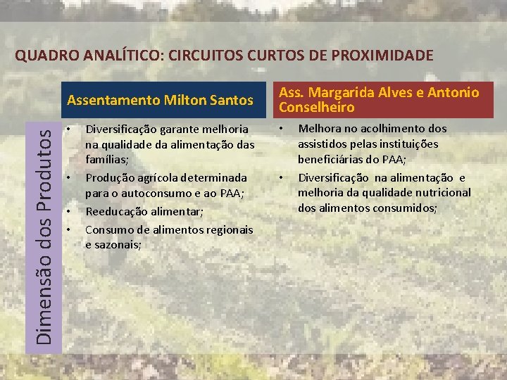 QUADRO ANALÍTICO: CIRCUITOS CURTOS DE PROXIMIDADE Dimensão dos Produtos Assentamento Milton Santos • •