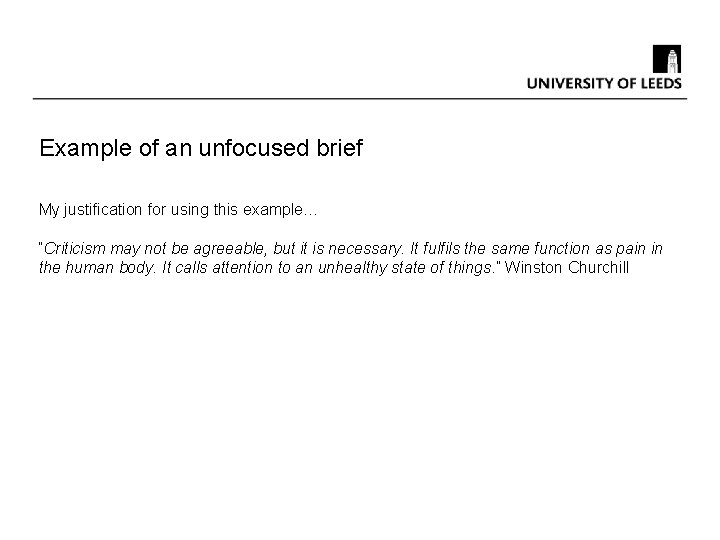 Example of an unfocused brief My justification for using this example… “Criticism may not