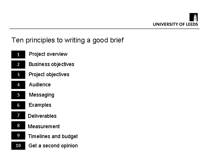 Ten principles to writing a good brief 1 Project overview 2 Business objectives 3