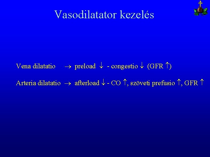 Vasodilatator kezelés Vena dilatatio preload - congestio (GFR ) Arteria dilatatio afterload - CO