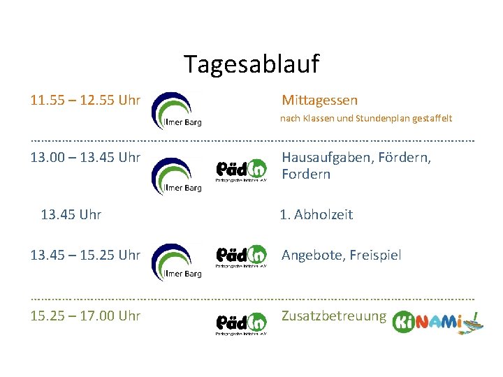 Tagesablauf 11. 55 – 12. 55 Uhr Mittagessen nach Klassen und Stundenplan gestaffelt ………………………………………………………