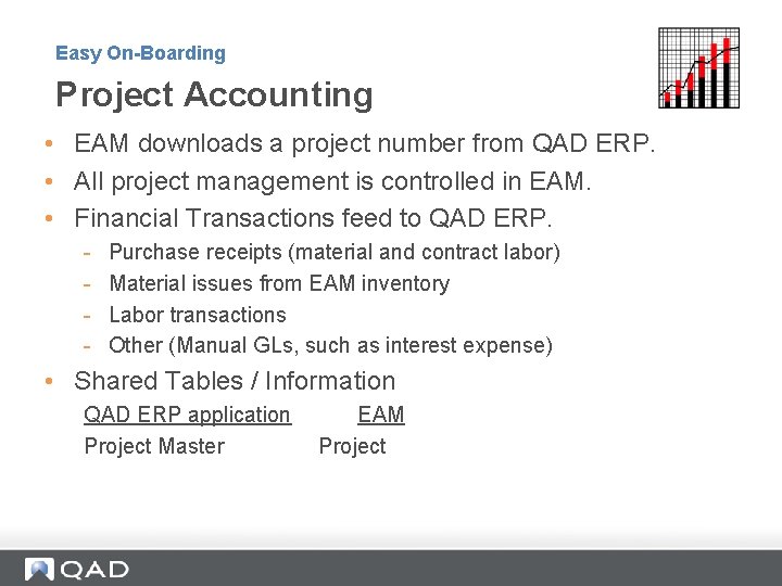 Easy On-Boarding Project Accounting • EAM downloads a project number from QAD ERP. •