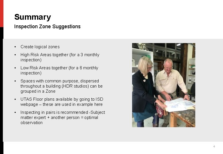 Summary Inspection Zone Suggestions • Create logical zones • High Risk Areas together (for