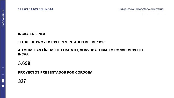 11. LOS DATOS DEL INCAA Subgerencia Observatorio Audiovisual INCAA EN LÍNEA TOTAL DE PROYECTOS 11. LOS DATOS DEL INCAA Subgerencia Observatorio Audiovisual INCAA EN LÍNEA TOTAL DE PROYECTOS