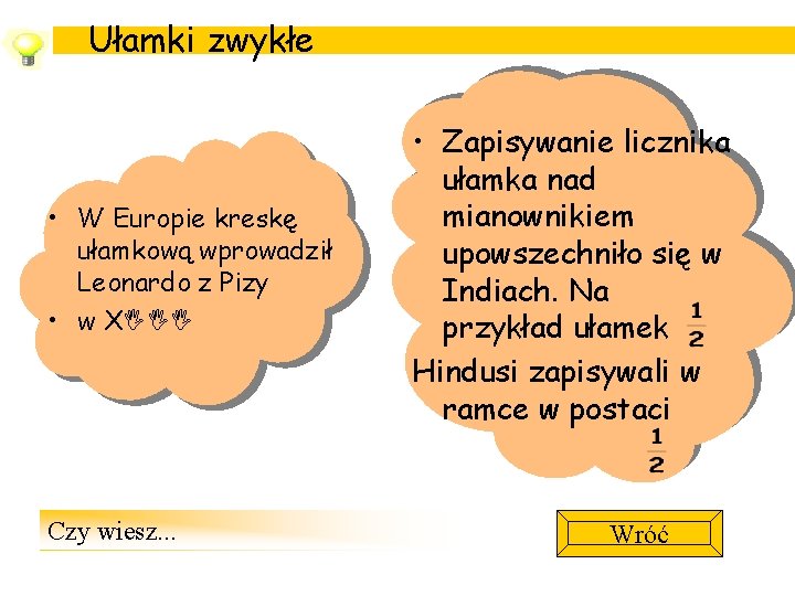 Ułamki zwykłe • W Europie kreskę ułamkową wprowadził Leonardo z Pizy • w Χ