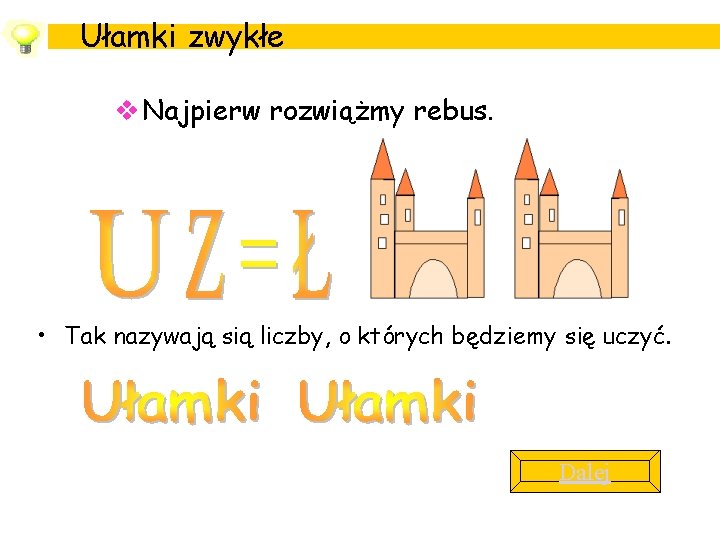 Ułamki zwykłe v Najpierw rozwiążmy rebus. • Tak nazywają sią liczby, o których będziemy