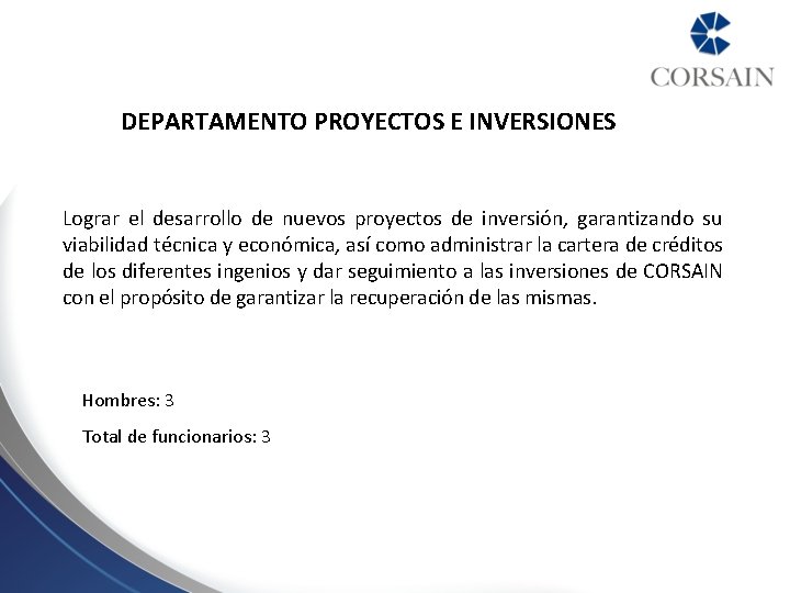 DEPARTAMENTO PROYECTOS E INVERSIONES Lograr el desarrollo de nuevos proyectos de inversión, garantizando su