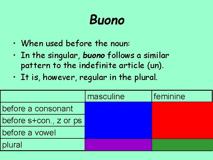 Buono • When used before the noun: • In the singular, buono follows a