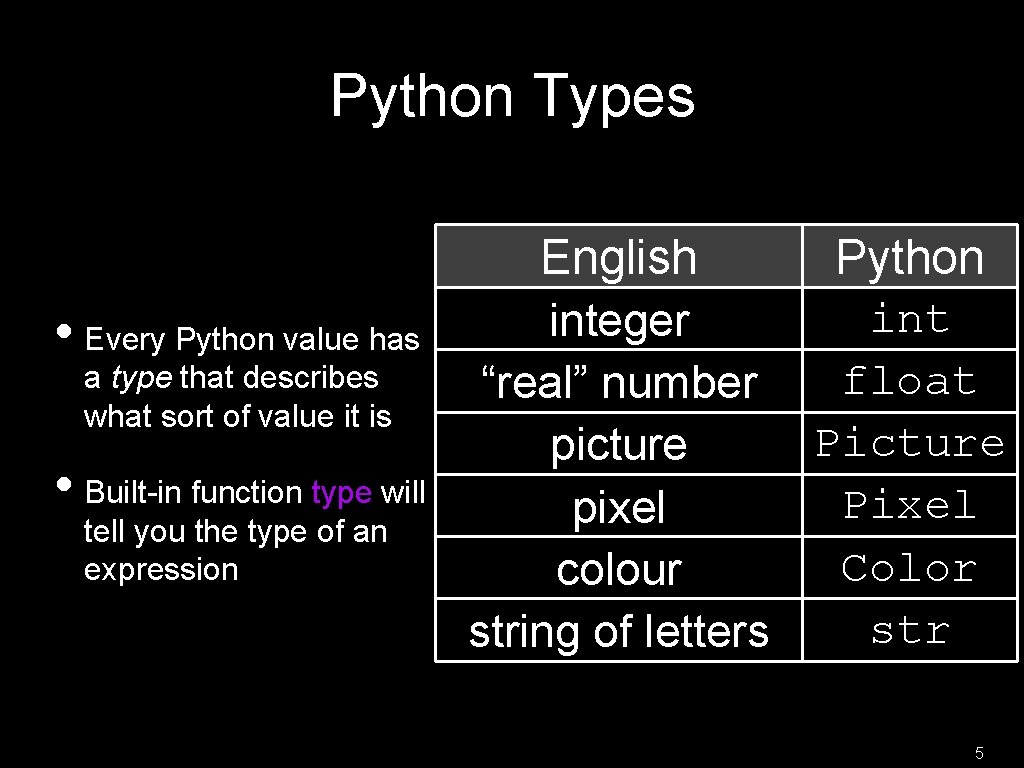 Python Types • Every Python value has a type that describes what sort of Python Types • Every Python value has a type that describes what sort of