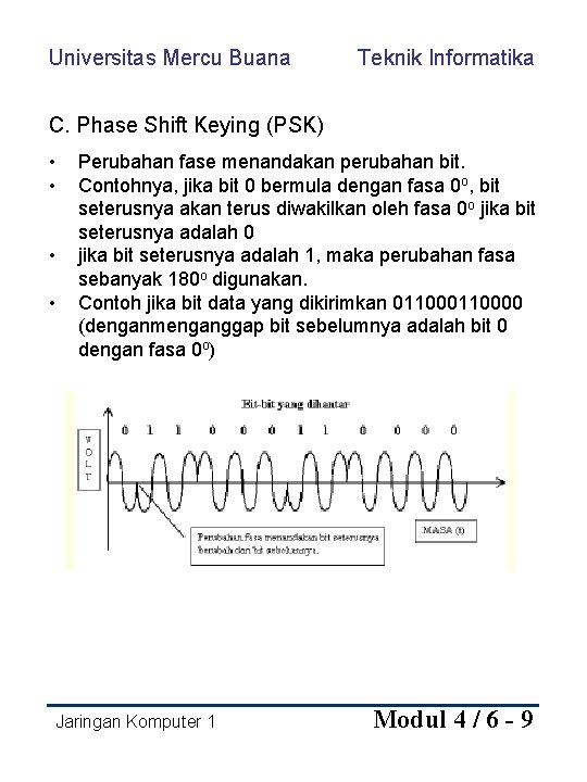 Universitas Mercu Buana Teknik Informatika C. Phase Shift Keying (PSK) • • Perubahan fase