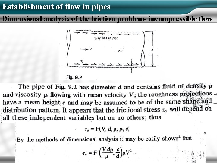 Establishment of flow in pipes Dimensional analysis of the friction problem- incompressible flow 