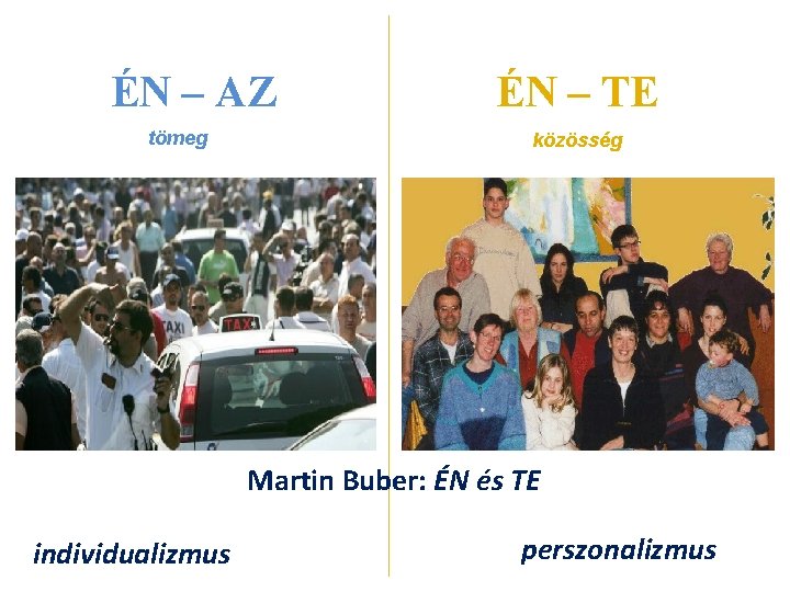 ÉN – AZ tömeg ÉN – TE közösség Martin Buber: ÉN és TE individualizmus ÉN – AZ tömeg ÉN – TE közösség Martin Buber: ÉN és TE individualizmus