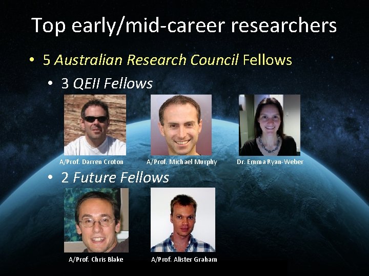 Top early/mid-career researchers • 5 Australian Research Council Fellows • 3 QEII Fellows A/Prof.