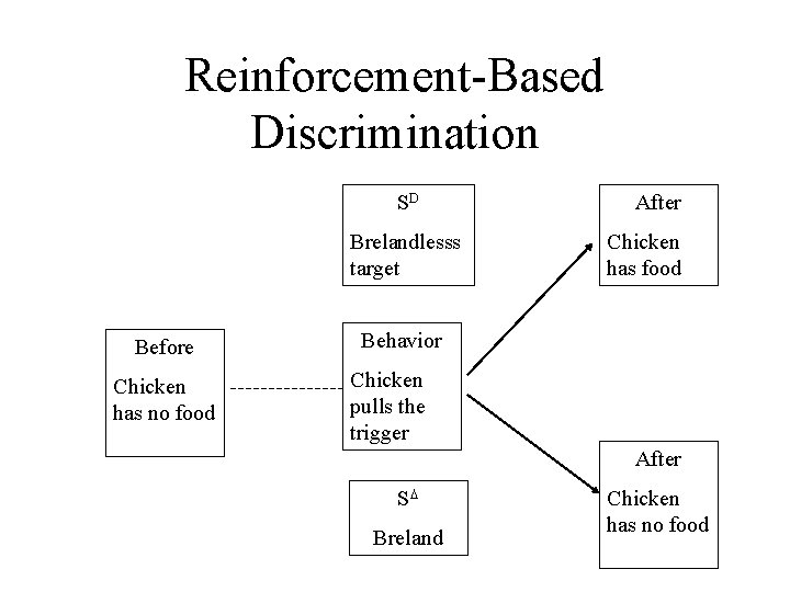 Reinforcement-Based Discrimination SD Brelandlesss target Before Chicken has no food After Chicken has food