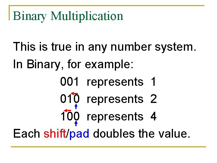 Binary Multiplication This is true in any number system. In Binary, for example: 001