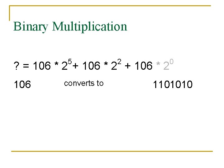 Binary Multiplication 5 2 ? = 106 * 2 + 106 * 2 106