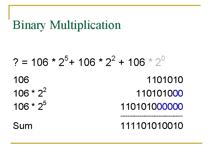 Binary Multiplication 5 2 ? = 106 * 2 + 106 * 2 5