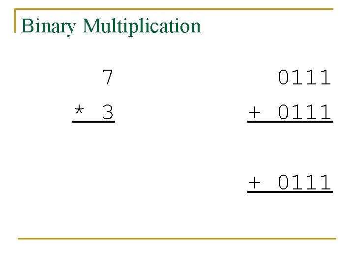 Binary Multiplication 7 * 3 0111 + 0111 