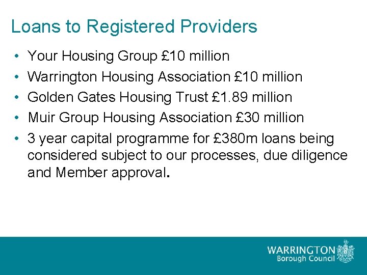 Loans to Registered Providers • • • Your Housing Group £ 10 million Warrington