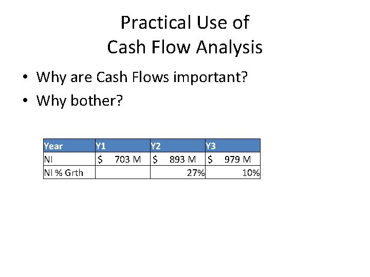 Practical Use of Cash Flow Analysis • Why are Cash Flows important? • Why