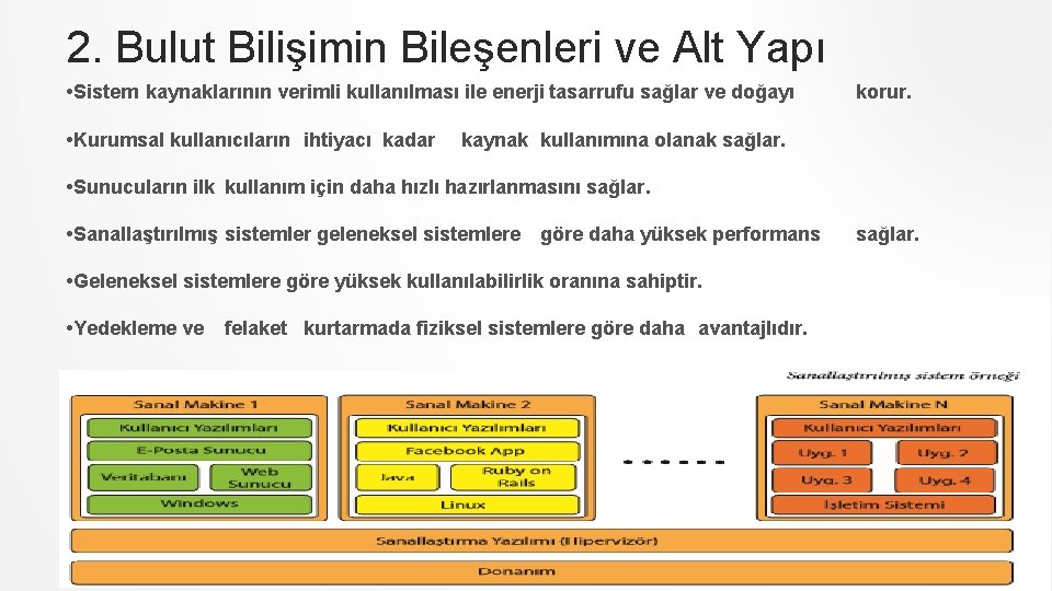 2. Bulut Bilişimin Bileşenleri ve Alt Yapı • Sistem kaynaklarının verimli kullanılması ile enerji