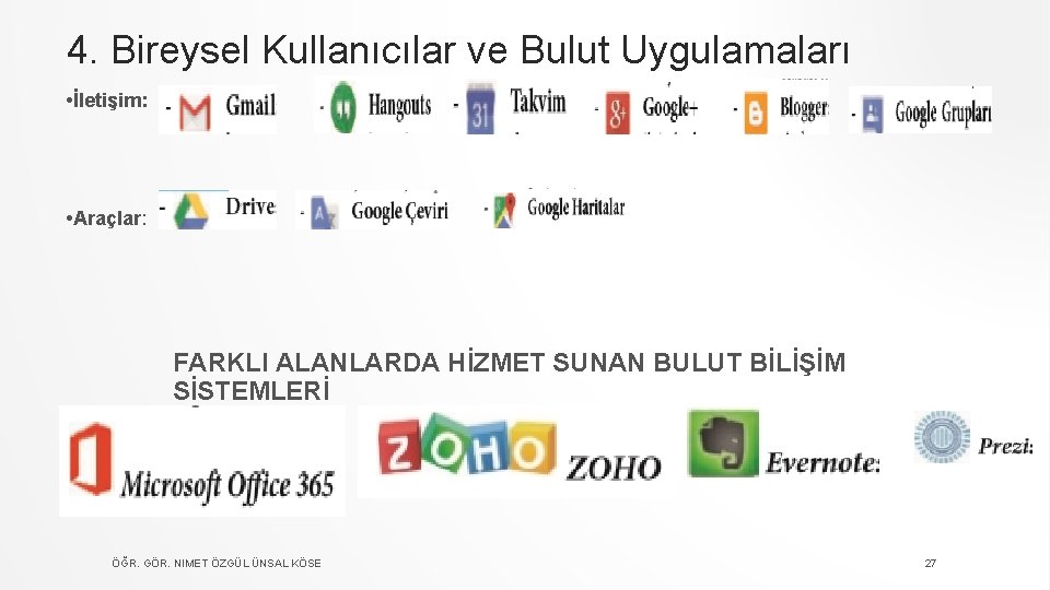 4. Bireysel Kullanıcılar ve Bulut Uygulamaları • İletişim: • Araçlar: FARKLI ALANLARDA HİZMET SUNAN