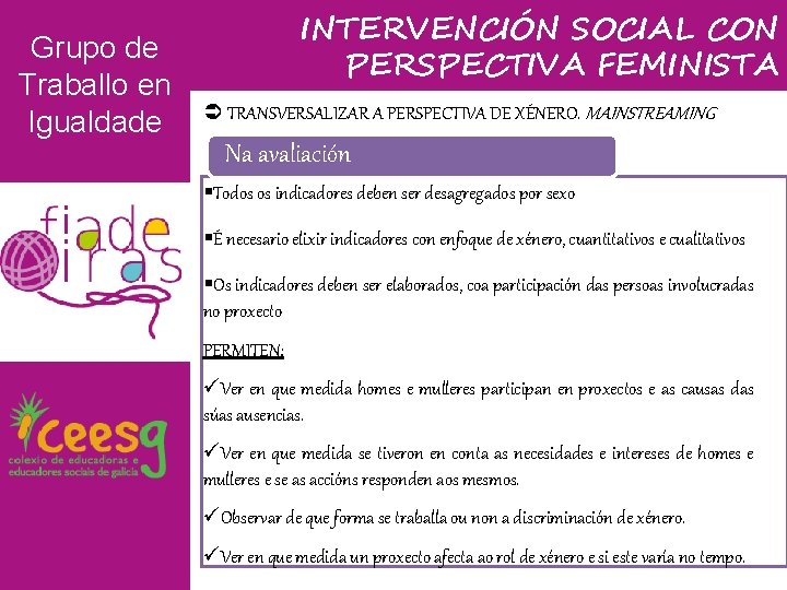 Grupo de Traballo en Igualdade INTERVENCIÓN SOCIAL CON PERSPECTIVA FEMINISTA TRANSVERSALIZAR A PERSPECTIVA DE