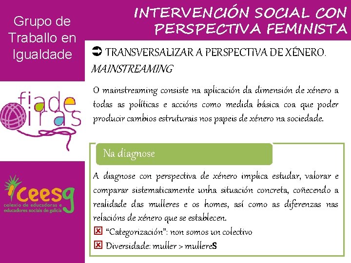 Grupo de Traballo en Igualdade INTERVENCIÓN SOCIAL CON PERSPECTIVA FEMINISTA TRANSVERSALIZAR A PERSPECTIVA DE