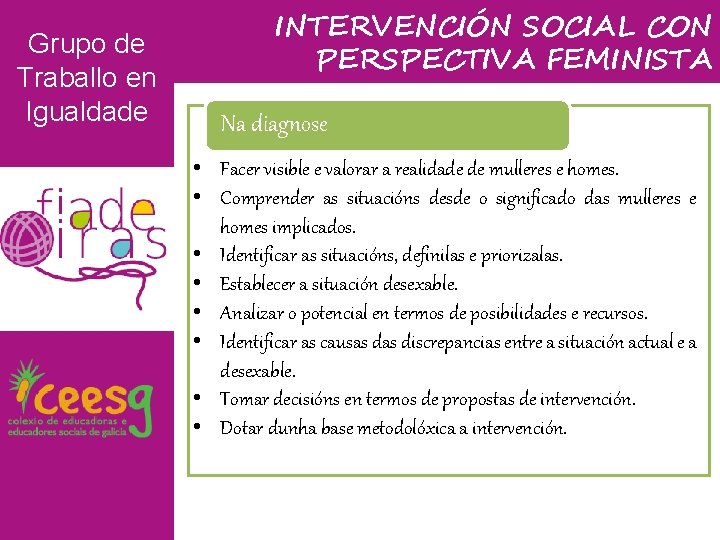 Grupo de Traballo en Igualdade INTERVENCIÓN SOCIAL CON PERSPECTIVA FEMINISTA Na diagnose • Facer