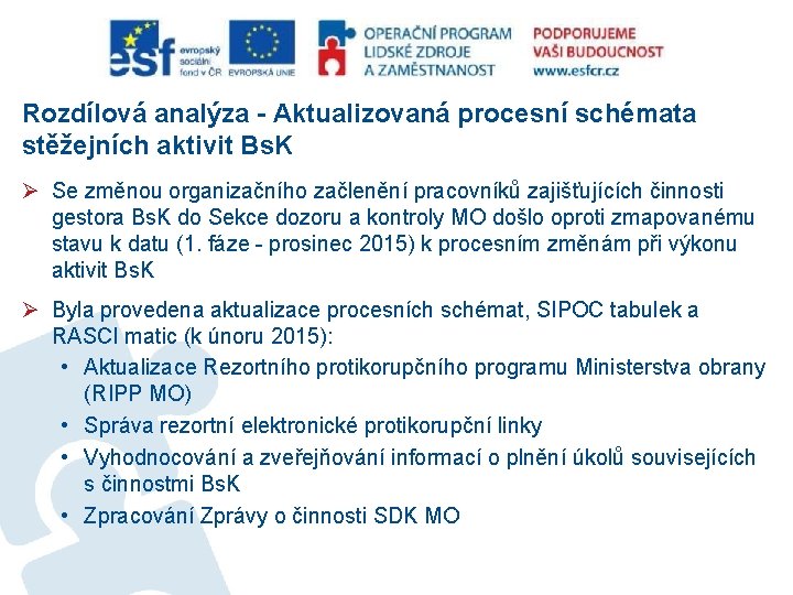 Rozdílová analýza - Aktualizovaná procesní schémata stěžejních aktivit Bs. K Ø Se změnou organizačního