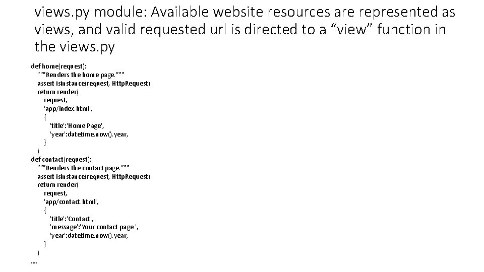 views. py module: Available website resources are represented as views, and valid requested url