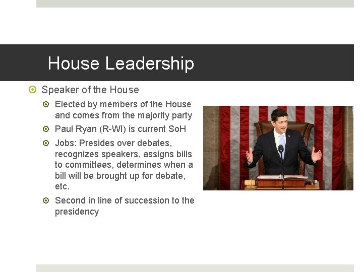 House Leadership Speaker of the House Elected by members of the House and comes