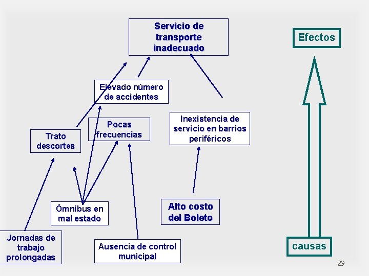 Servicio de transporte inadecuado Efectos Elevado número de accidentes Trato descortes Pocas frecuencias Ómnibus