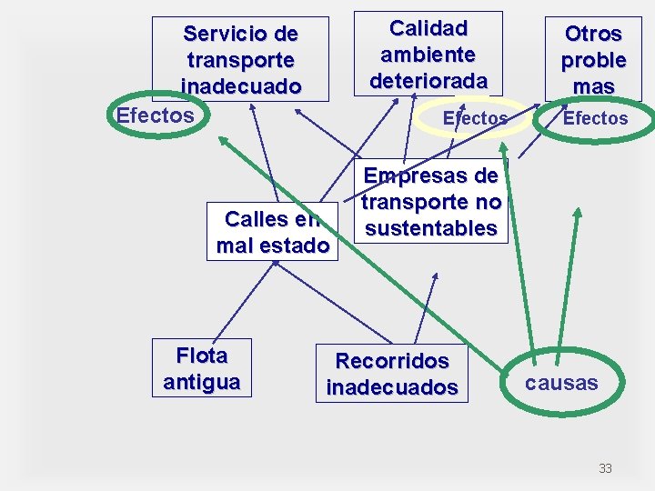 Calidad ambiente deteriorada Servicio de transporte inadecuado Efectos Calles en mal estado Flota antigua