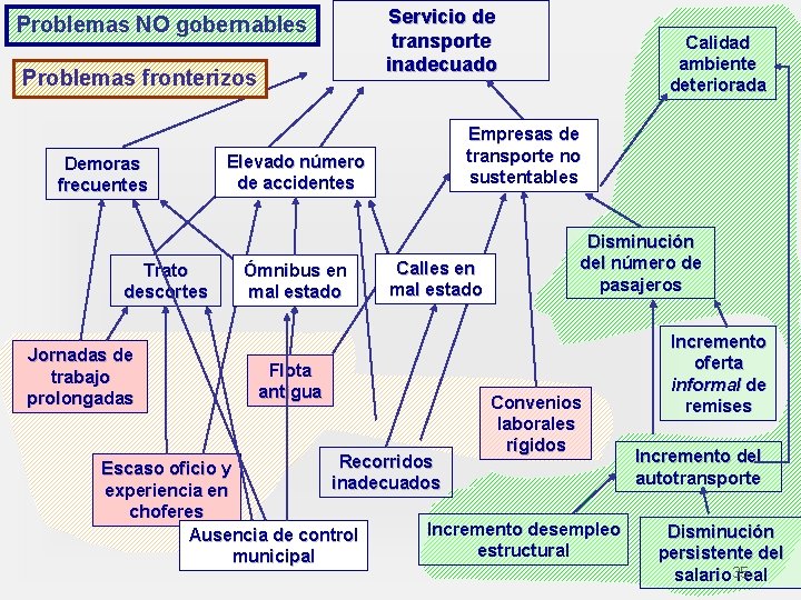 Problemas NO gobernables Problemas fronterizos Demoras frecuentes Trato descortes Jornadas de trabajo prolongadas Elevado