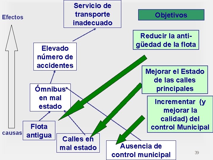 Servicio de transporte inadecuado Efectos Elevado número de accidentes Ómnibus en mal estado Flota