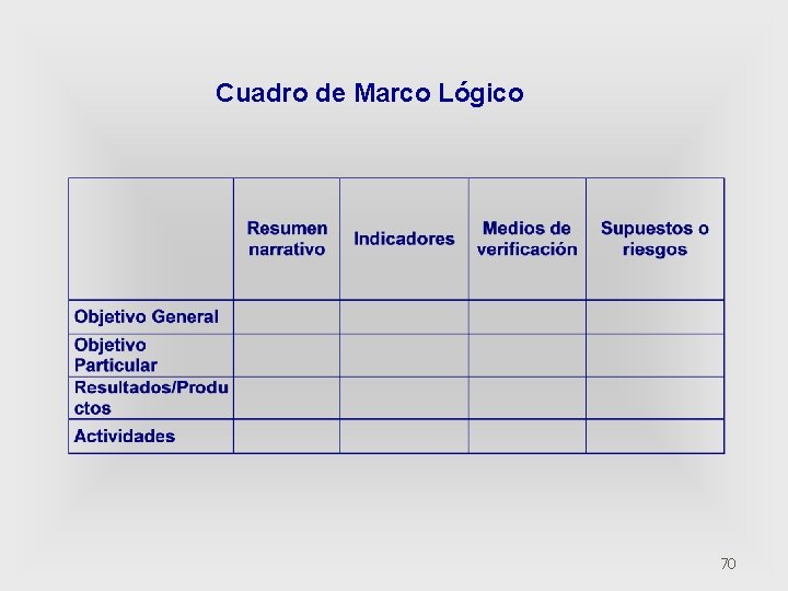 Cuadro de Marco Lógico 70 