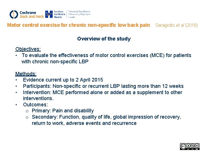 Motor control exercise for chronic non-specific low back pain Saragiotto et al (2016) Overview