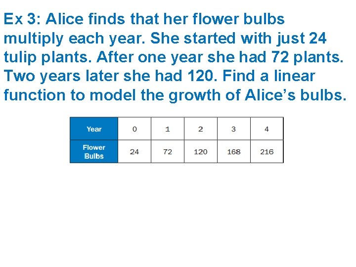 Ex 3: Alice finds that her flower bulbs multiply each year. She started with