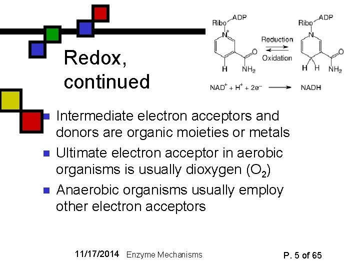 Redox, continued n n n Intermediate electron acceptors and donors are organic moieties or