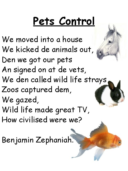 Pets Control We moved into a house We kicked de animals out, Den we