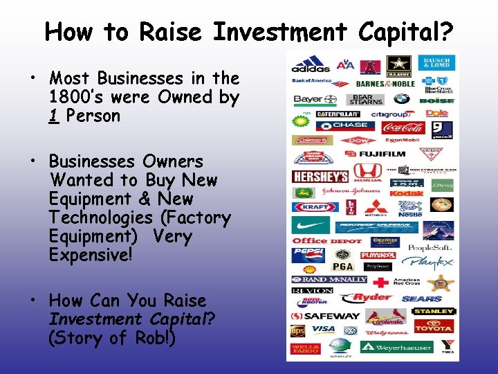 How to Raise Investment Capital? • Most Businesses in the 1800’s were Owned by