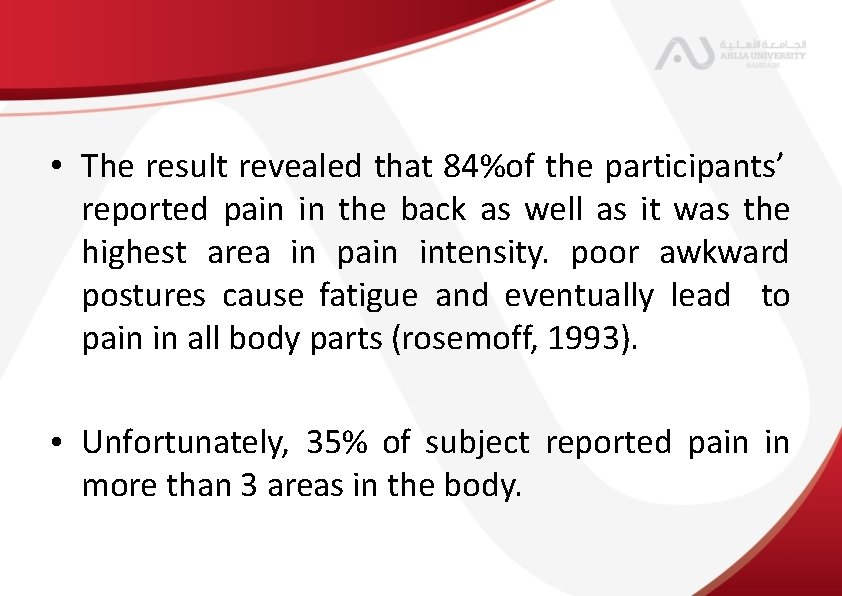  • The result revealed that 84%of the participants’ reported pain in the back