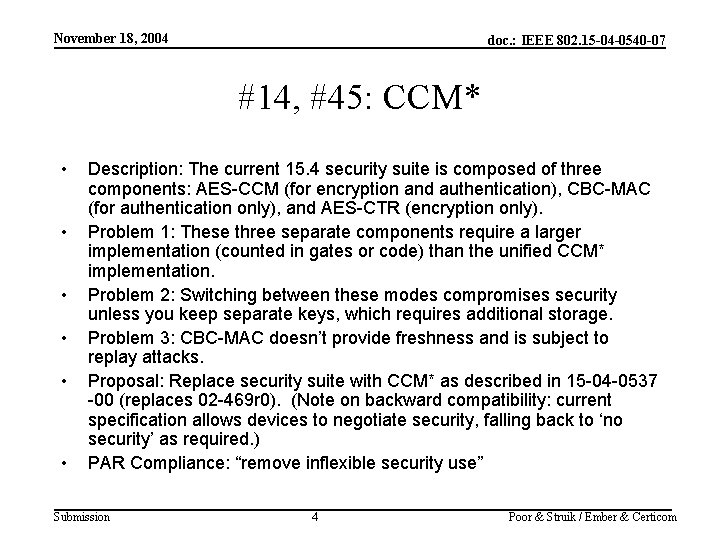 November 18, 2004 doc. : IEEE 802. 15 -04 -0540 -07 #14, #45: CCM*