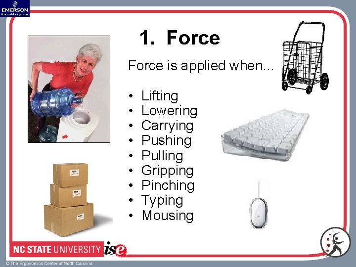1. Force is applied when… • • • Lifting Lowering Carrying Pushing Pulling Gripping