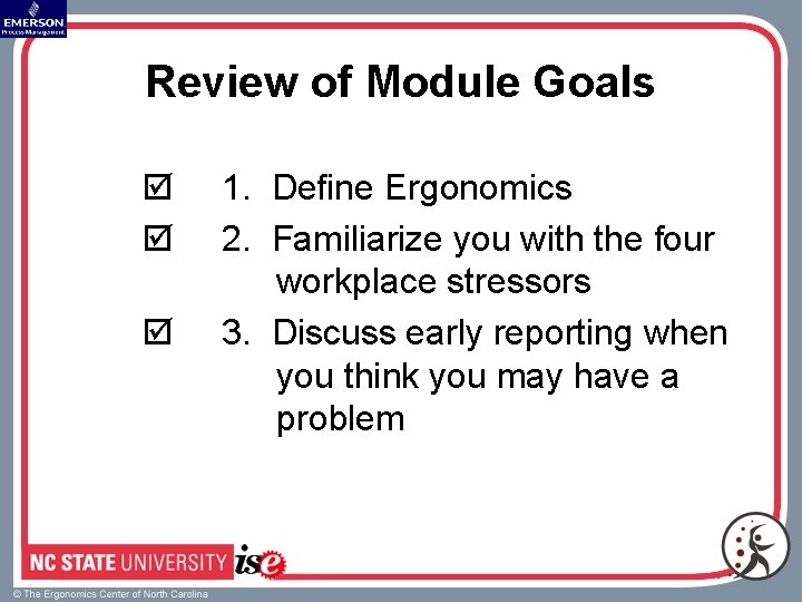 Review of Module Goals þ þ þ 1. Define Ergonomics 2. Familiarize you with
