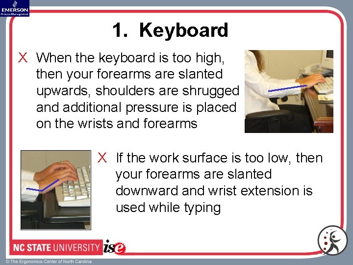 1. Keyboard X When the keyboard is too high, then your forearms are slanted